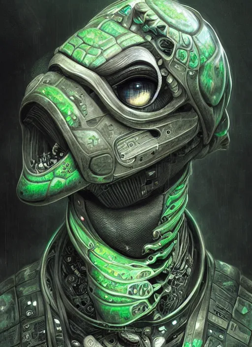 Image similar to cyberpunk turtle downtown tokyo mf doom reptile eyes, green and gray skin. intricate, elegant, highly detailed, centered, digital painting, artstation, concept art, smooth, sharp focus, illustration, artgerm, tomasz alen kopera, peter mohrbacher, donato giancola, joseph christian leyendecker, wlop, frank frazetta