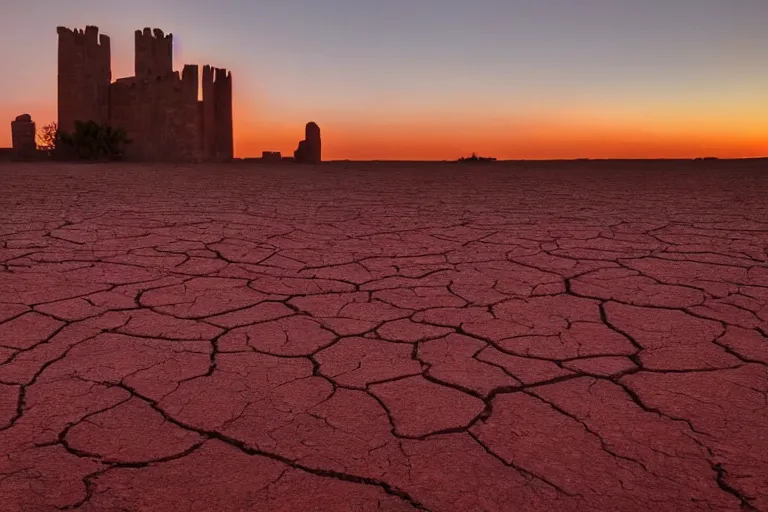 Image similar to very dry ground, desert, cracked, big tower in the background, red sky, fire in the background, award - winning, ethereal, dreamy, realistic