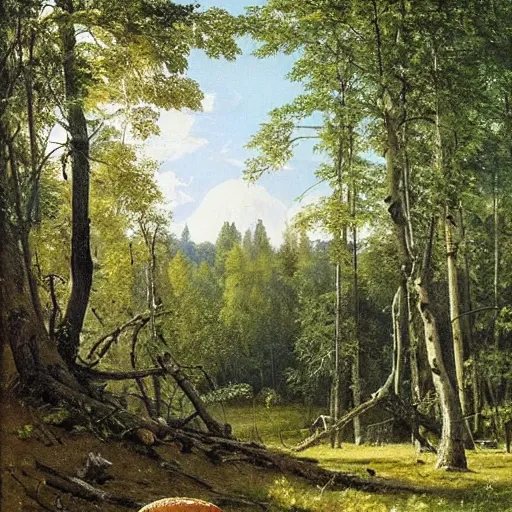 Prompt: Ivan Shishkin painting of a beautiful burger at forest, beautiful lighting, sunny, summer, painting Ivan Shishkin