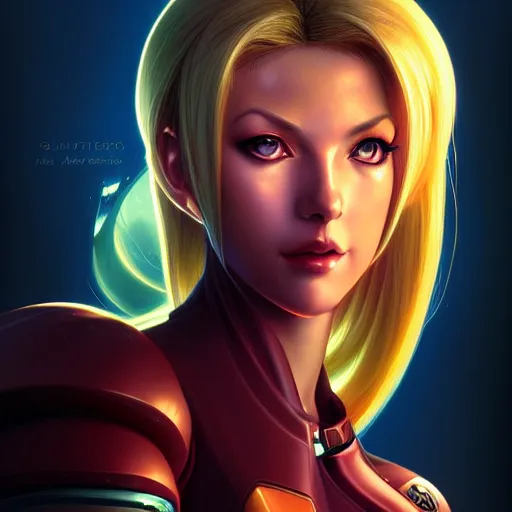 Image similar to portrait of Zero suit Samus as League of Legends character, digital illustration portrait, dark fantasy, medium shot, intricate, elegant, highly detailed, digital painting, volumetric light, artstation, concept art, smooth, sharp focus, illustration, art by Gil Elvgren and Greg Rutkowski and Alphonse Mucha