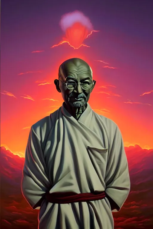 Image similar to portrait of crazed!!! nuclear!!!!!! ghandi!! statue by artgerm, rhads