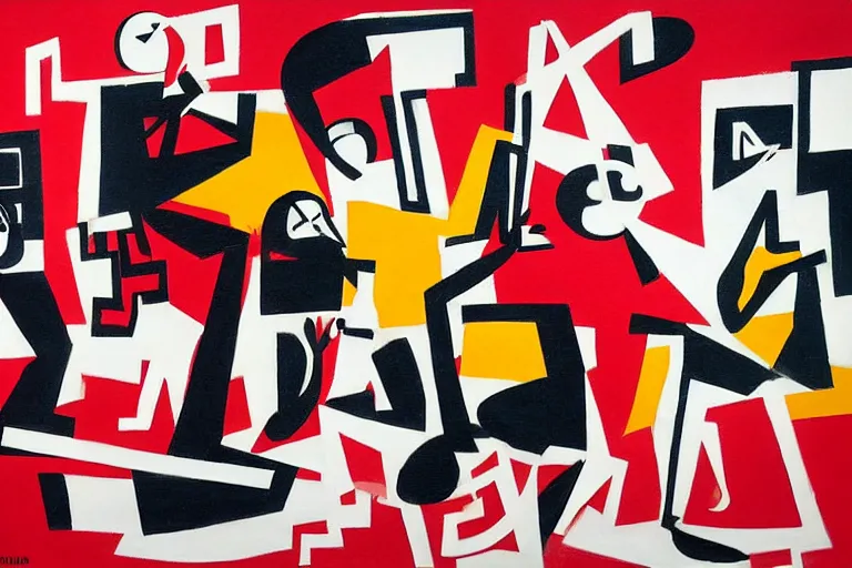 Image similar to four musicians playing with musical notes as abstract art in the style of Stuart Davis