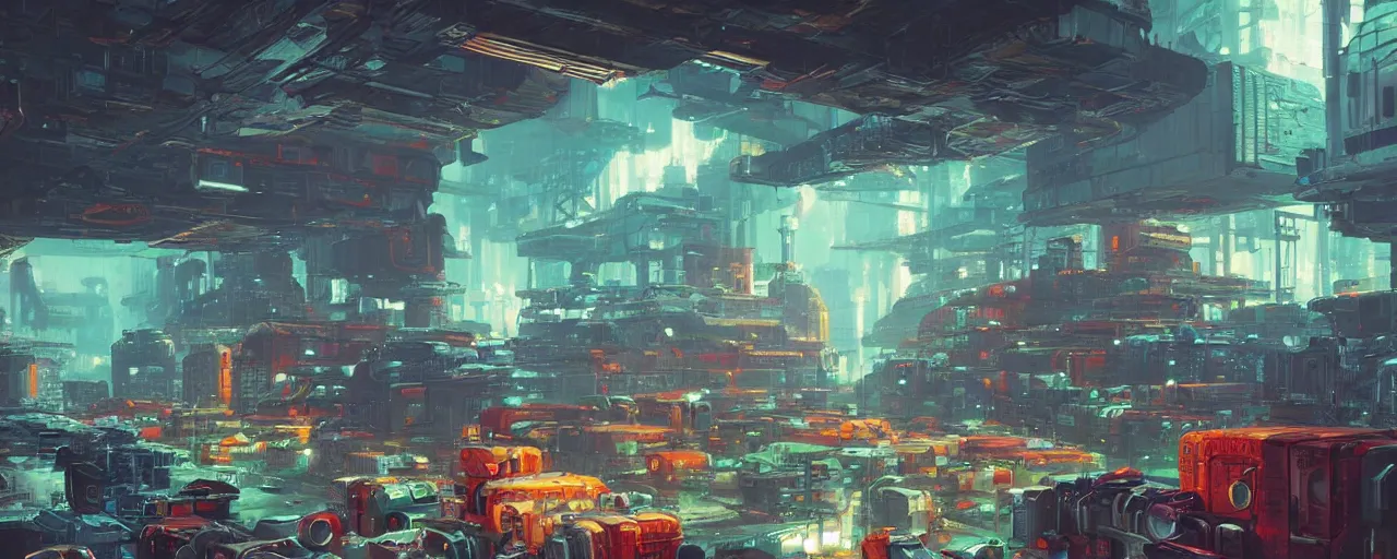 Image similar to ” futuristic scifi warehouse filled with containers, [ art by paul lehr, cinematic, detailed, epic, widescreen, opening, establishing, mattepainting, photorealistic, realistic textures, octane render ] ”