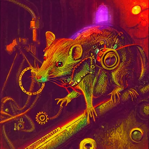 Image similar to steampunk rat, acid, 303, psychedelic, by paul lehr