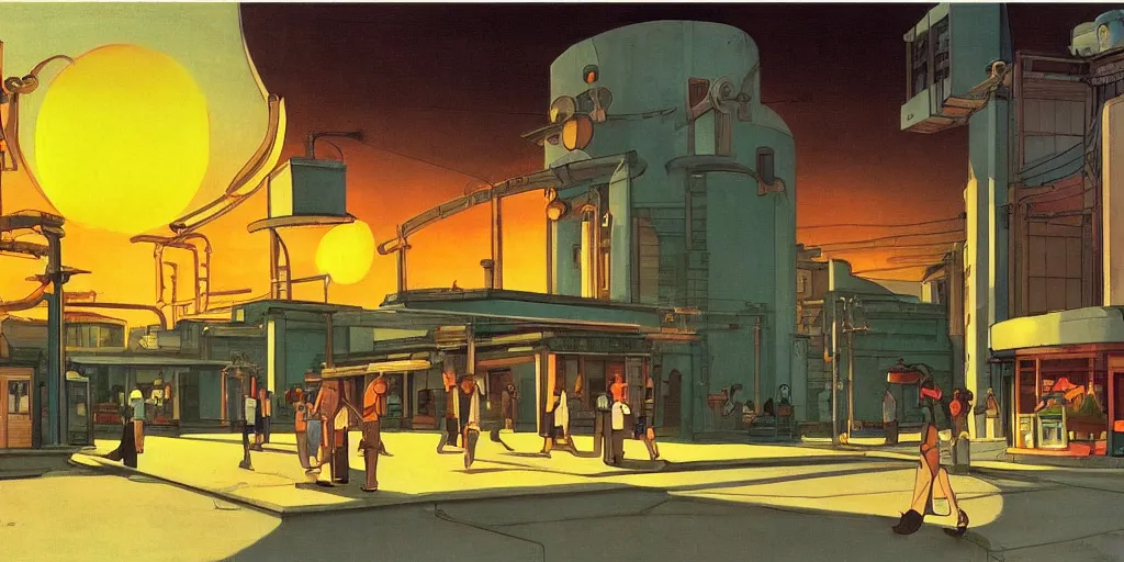 Image similar to fusion reactor, wonderous and magical, in an urban setting, sunset, by Studio Ghibli and Edward Hopper