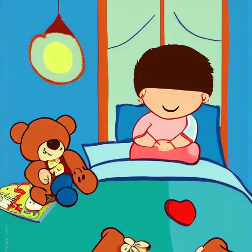 Prompt: little kid in his room holding teddy bear in style of kids book illustration