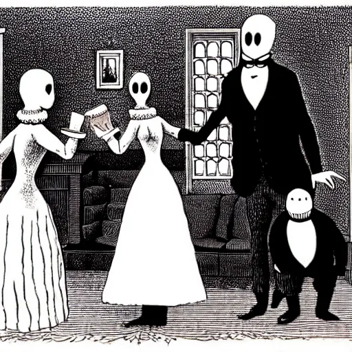 Image similar to Edward Gorey illustration of a victorian living room with costumed people dancing