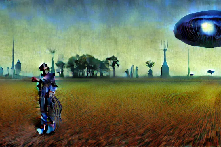 Image similar to realistic extremely detailed portrait painting of a ghost farmer, single house in a plain field and single ufo in the background, futuristic sci-fi forest by Jean Delville, Amano, Yves Tanguy, Alphonse Mucha, Ernst Haeckel, Edward Robert Hughes, Roger Dean, rich moody colours, 4k octane render, blue eyes