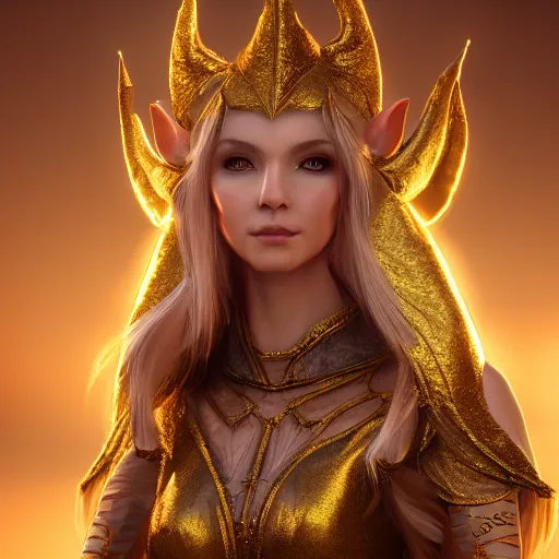 Image similar to portrait of an elven princess dressed in golden clothes, digital art, highly detailed, award winning, concept art, intricate, sharp focus, Trending on Artstation HQ, unreal engine 5, 4K UHD image