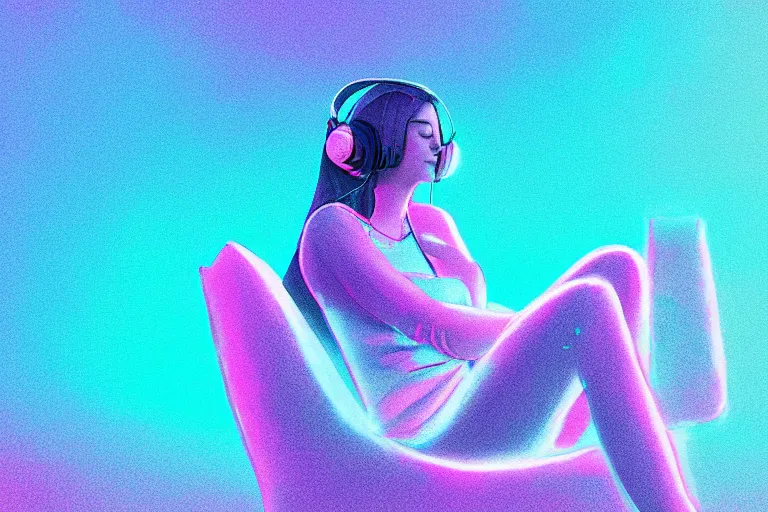 Image similar to a cute girl wearing headphones sitting on a cloud relaxing, misty, glows, digital art, hazy, foggy, ambient lighting, 8 k, neon, synthwave,