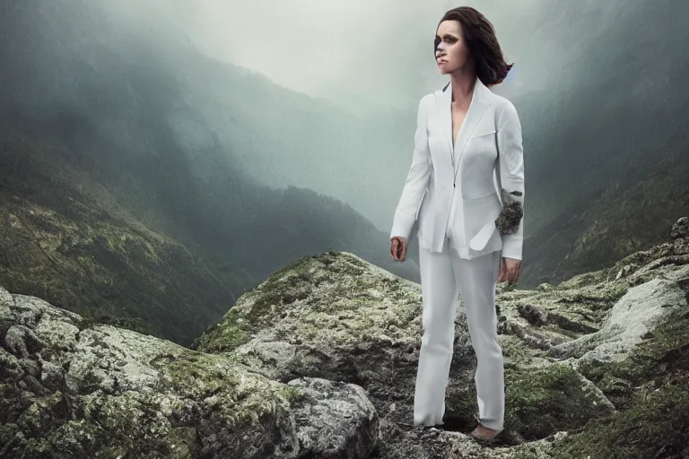 Prompt: a cinematic portrait of a beautiful middle aged woman wearing futuristic white suit on the top of a mountain, overlooking a vast serene forest, large diffused light, neon light, 4 k, ultra realistic, dramatic lighting, rain, clouds, fog, vogue, fashion, glamour, magazine spread, by marco mazzoni and jessica rossier