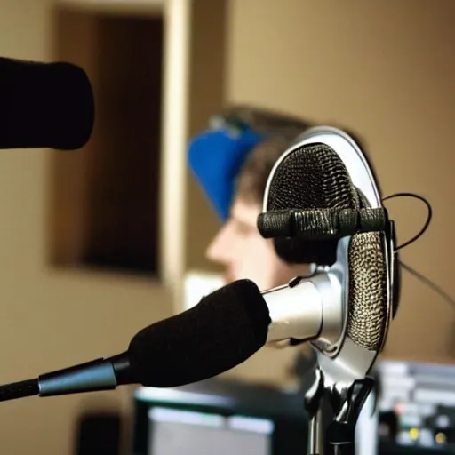 Image similar to A photograph of a bird wearing headphones and speaking into a high-end microphone in a recording studio.