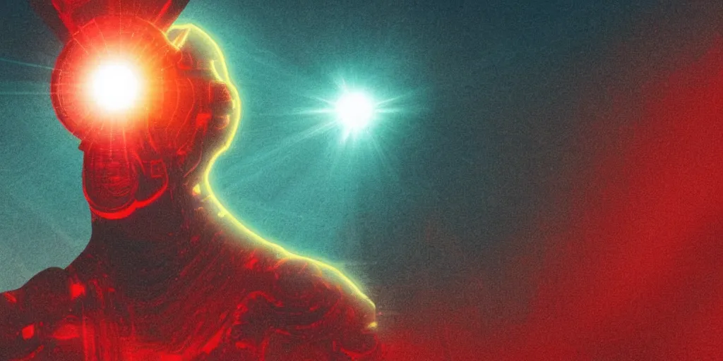 Image similar to vintage science fiction illustration, depicting artificial intelligence, azure color bleed, warm red tones, film grain, lensflare