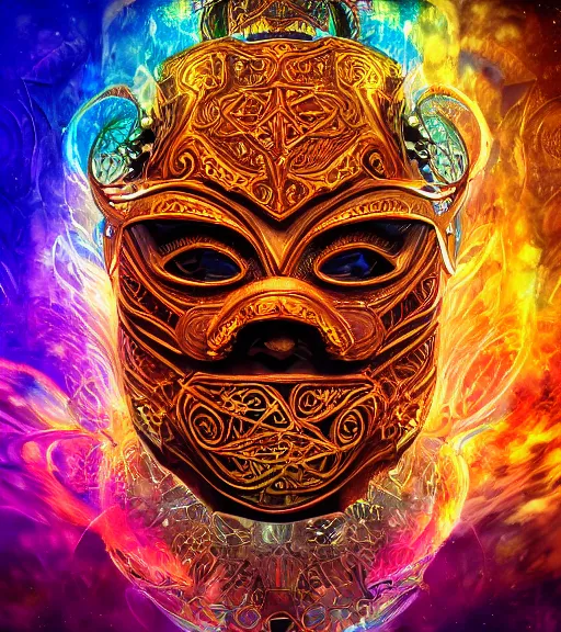 Prompt: pyrography of a fantasycore glitchcore luchador mask. intricate abstract. intricate artwork. celestial. prismatic, by Josephine Wall, disney, pixar. octane render, CGSociety very coherent symmetrical artwork. cinematic, hyper realism, high detail, octane render, 8k, holographic accents