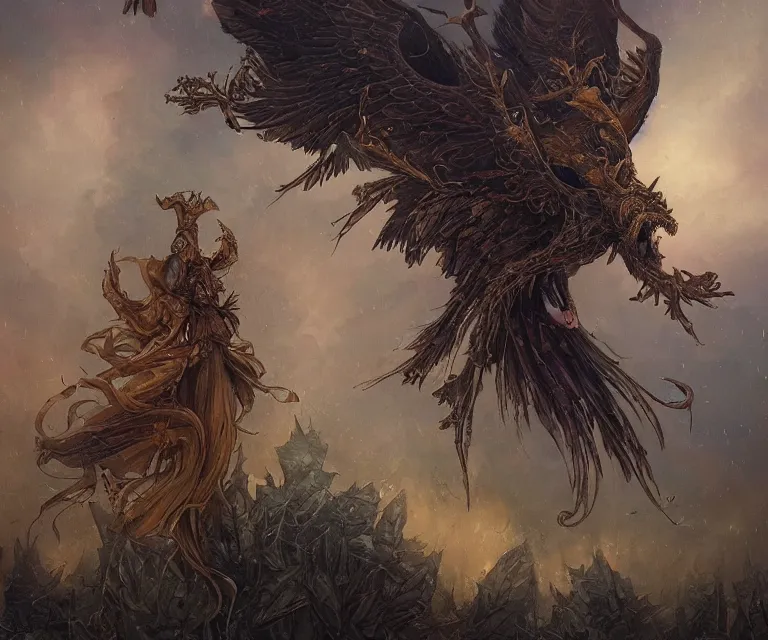 Prompt: a beautiful tarot card artwork of a fallen seraphim, horror, backlit, gloomy sky, highly detailed, digital painting, intricate golden threads, by greg rutkowski and peter mohrbacher and dan mumford and artgerm, vivid colors, detailed shading, 8 k resolution, intricate, smooth