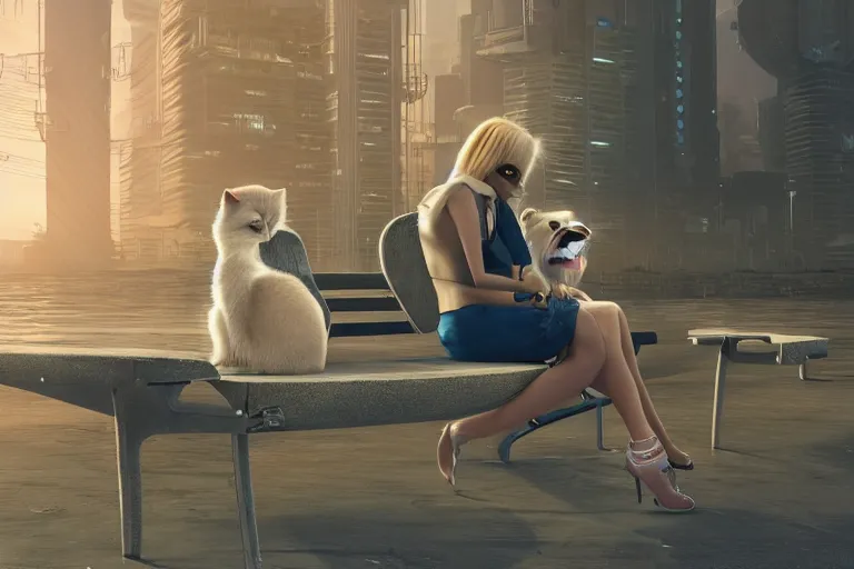 Image similar to a blonde woman with a ragdoll cat sitting next to each other on a bench, cyberpunk art by mike winkelmann, trending on cgsociety, retrofuturism, reimagined by industrial light and magic, darksynth, sci - fi