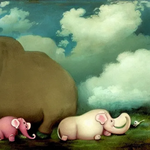 Image similar to “falling asleep with cute elephants made from clouds, illustration, detailed, smooth, pink white and green, by Adolf lachman, bob ross, Goya,”