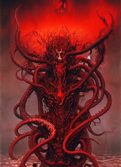 Prompt: a demon with tentacles, red lake on fire, highly detailed, art by Ayami Kojima, Beksinski, Giger