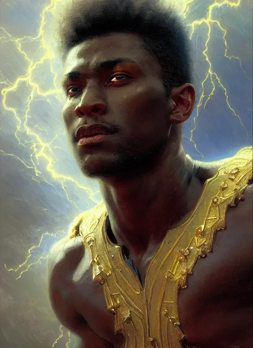 Image similar to young black man, god of lightning, powerful, smug expression, highly detailed painting by gaston bussiere, craig mullins, j. c. leyendecker 8 k, sparkling storm clouds