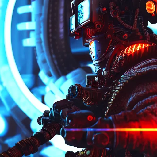 Prompt: Close up shot of a cyborg samurai, cyberpunk background with steampunk vehicles. High action glowing neon lights. Cinematic, Award winning, ultra high resolution, intricate details, rendered with unreal engine, octane render, UHD 8K