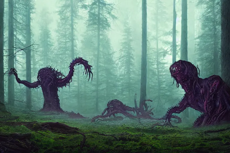 Image similar to creepy eldritch monster in a swedish forest, very low angle photograph, very detailed, trending on artstation, realistic, soft colors, simon stalenhag, lovecraft, horror