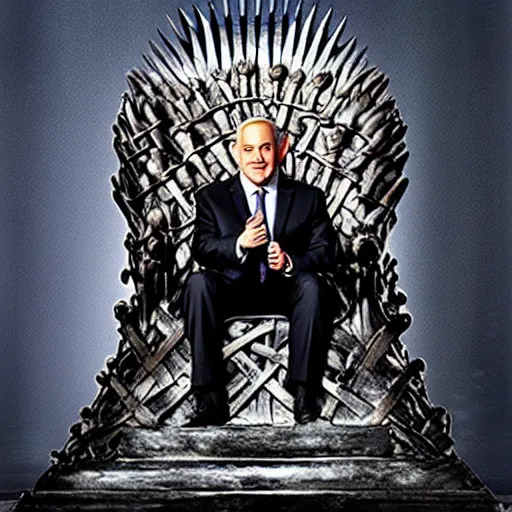 Prompt: “Benjamin Netanyahu sitting on the iron throne, 4k, award winning, Digital art, scene from game of thrones”