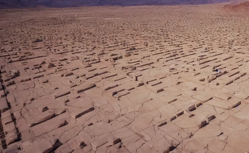 Image similar to high quality 2000s historic footage of a labyrinth in the desert with giant marble walls, color aerial photo drone, Cinestill 800t, heavy grainy picture, very detailed, high quality, 4k panoramic