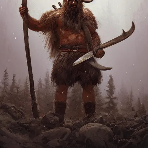 Image similar to hairy barbarian with moose helmet by greg rutkowski