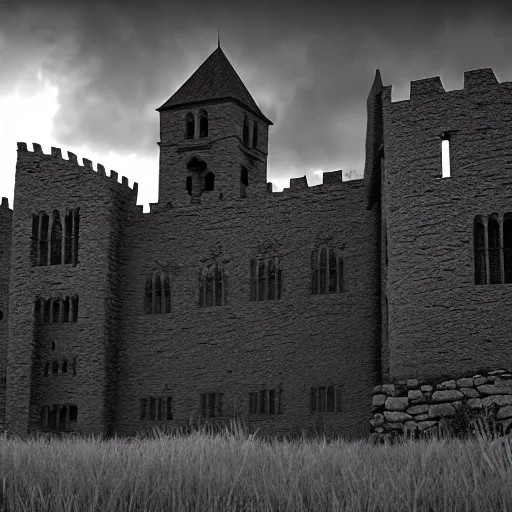 Image similar to old kansas castle, hd, 8 k, giant, epic, realistic photo, unreal engine, stone walls, prayer, powerful, cinematic lighting, small blobs, dungeon, violent, friendly, ray tracing, dynamic, epic composition, bright, fantastic, amusing, funny, monochrome drawing