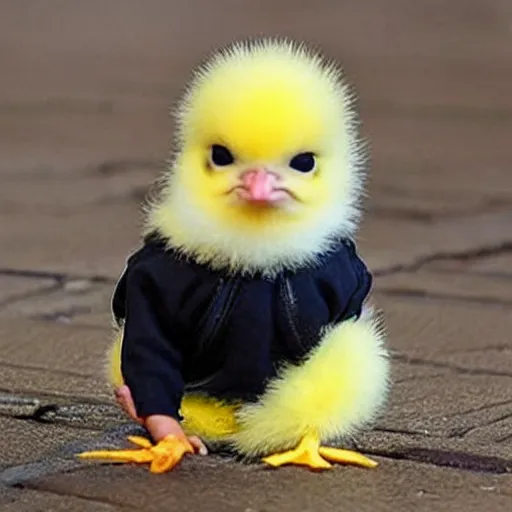 Image similar to cute baby chick dressed as a jail prisioner