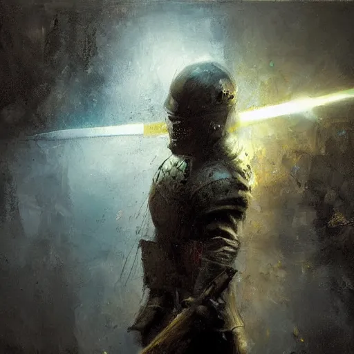 Prompt: knight holds sword made of lightning sparks everywhere, realistic, ultrahd, jeremy mann painting