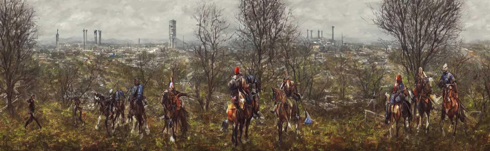 Image similar to horseback knights at scenic overlook; cloudy, grey skies, walled fortress city deteriorating office buildings in background hill; forest; la Bastille, post apocalyptic, grungy; oil on canvas, artstation, colorful