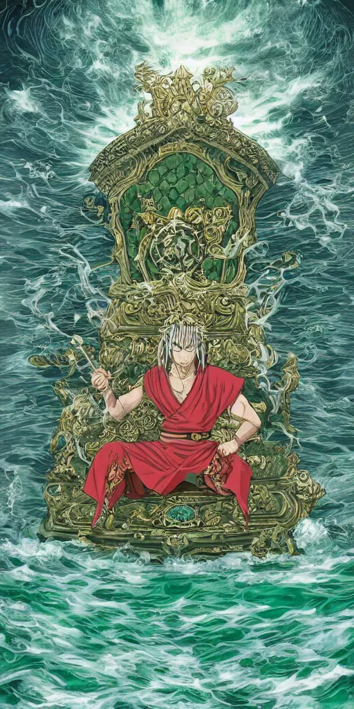 Image similar to a lone emperor sitting on a emerald throne floating on water in the middle of a lake drawn by Makoto Yukimura in the style of Vinland saga anime, full color, detailed, psychedelic, Authority