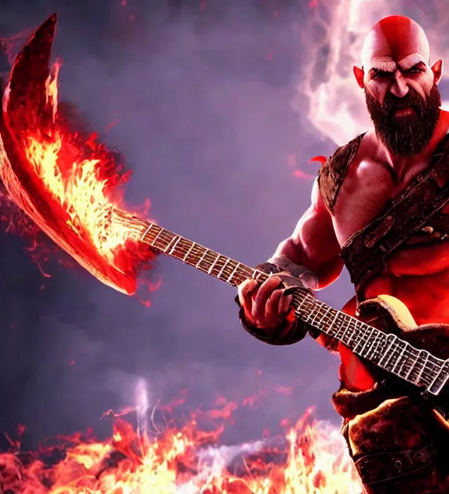 Image similar to kratos shredding on a flaming stratocaster guitar, cinematic render, god of war 2 0 1 8, santa monica studio official media, lightning, stripe over eye