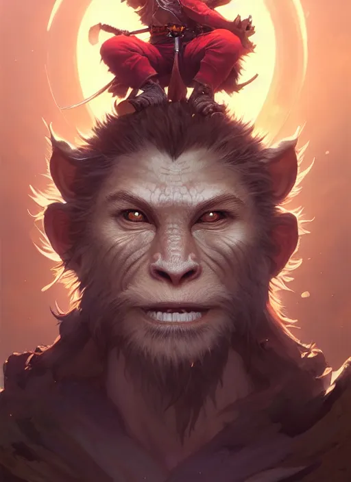 Image similar to Highly detailed portrait of Sun Wukong, Stephen Bliss, unreal engine, fantasy art by Greg Rutkowski, Loish, Rhads, ferdinand knab, Makoto Shinkai and Lois van baarle, ilya kuvshinov, rossdraws, Tom Bagshaw, alphonse mucha, global illumination, radiant light, detailed and intricate environment