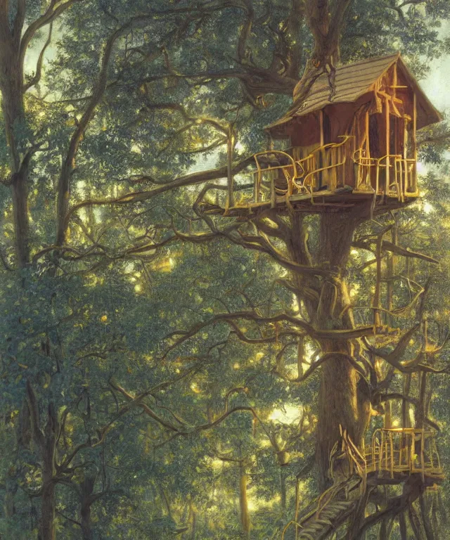 Image similar to masterful oil on canvas painting, eye - level view, shot from 5 0 feet distance, of a kid playing in a treehouse. in the background is a whimsical sparse forest. golden hour, detailed, depth, volume, chiaroscuro, quiet intensity, vivid color palette. by tex avery and gerald brom