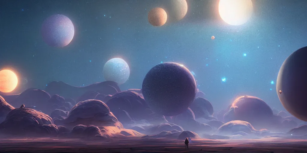 Prompt: fantasy painting of a planet with many moons in the sky, intricate abstract. delicate artwork. by tooth wu, wlop, beeple, dan mumford. octane render, trending on artstation, greg rutkowski very coherent symmetrical artwork. cinematic, hyper realism, high detail, octane render, 8 k, depth of field, bokeh. chrome accents.