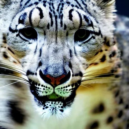 Image similar to A close up of a snow leopard looking to the left.