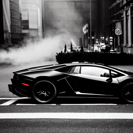 Prompt: black and white press photograph of a tired and depressed man in a black suit pushing a lamborghini that is out of gas on a busy city street, sideview, detailed, natural light, mist, film grain, soft vignette, sigma 5 0 mm f / 1. 4 1 / 1 0 sec shutter, imax 7 0 mm footage