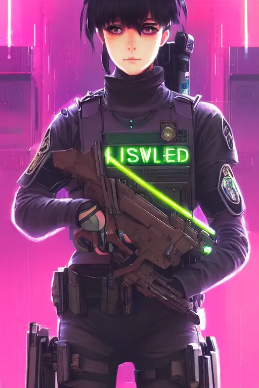 Image similar to anime key visual of a young female swat officer, neon, cyberpunk, futuristic, stunning, highly detailed, digital painting, smooth, soft focus, illustration, movie poster, japanese typography, digital art from artstation by artgerm and greg rutkowski and alphonse mucha