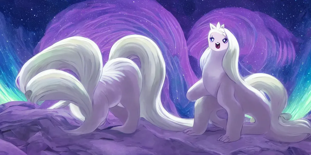 Image similar to Alolan Ninetales shiny, standing on an snowy hill with an aurora borealis in the night sky, Pokémon,