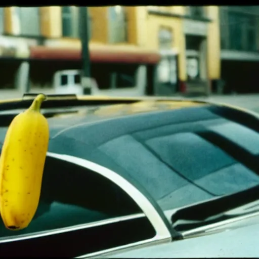 Image similar to movie still of a lone banana on the front seat of a taxi cab, cinematic Eastman 5384 film