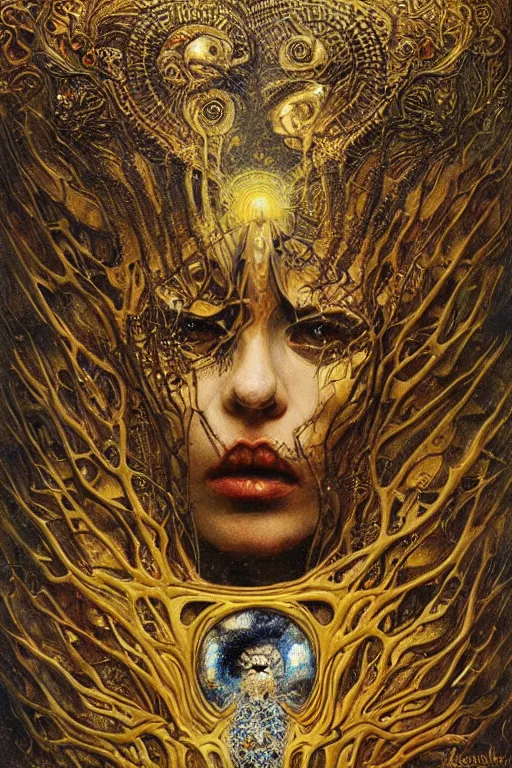 Prompt: The Bone Hammer by Karol Bak, Jean Deville, Gustav Klimt, and Vincent Van Gogh, otherworldly, fractal structures, arcane, prophecy, ornate gilded medieval icon, third eye, spirals