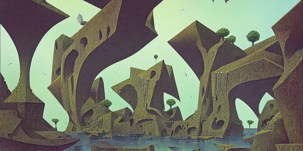 Image similar to a strange angular monolithic structure by escher and mandelbrot, ricardo bofill, impossible geometry, utopian landscape by roger dean. magical realism, surrealism, waterfalls, trending on artstation, cinematic composition,