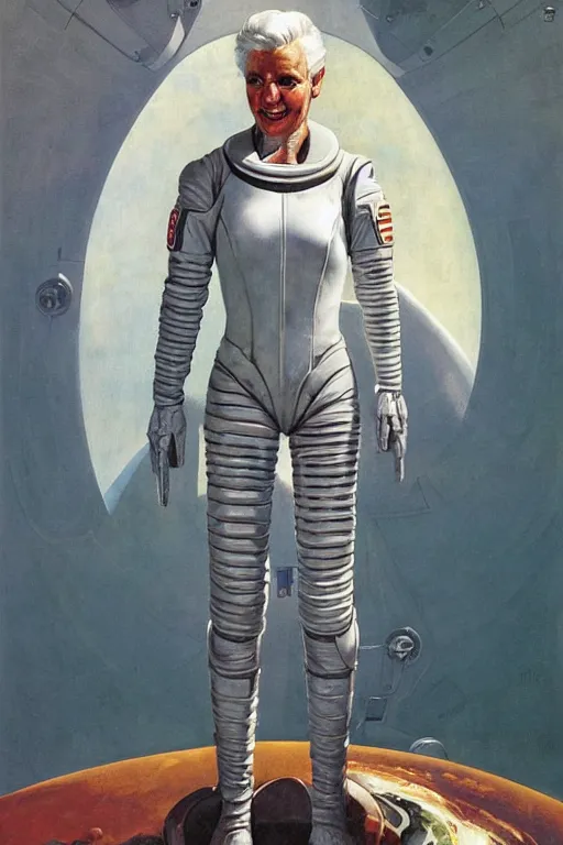 Image similar to pulp scifi fantasy illustration full body portrait android woman, white hair, in leather spacesuit on mars, by norman rockwell, roberto ferri, daniel gerhartz, edd cartier, jack kirby, howard v brown, ruan jia, tom lovell, frank r paul, jacob collins, dean cornwell, astounding stories, amazing, fantasy, other worlds