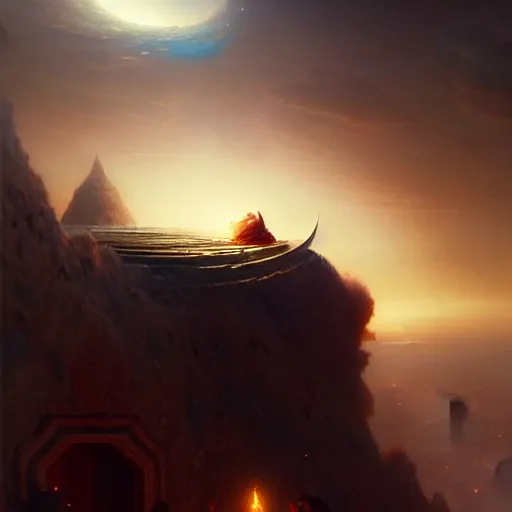 Image similar to giant crescent under construction in a magic fluffy persian carpet dimension, by greg rutkowski and gaston bussiere, dim lighting, beautiful volumetric - lighting - style atmosphere, surreal atmosphere, intricate, detailed, photorealistic imagery, trending artstation