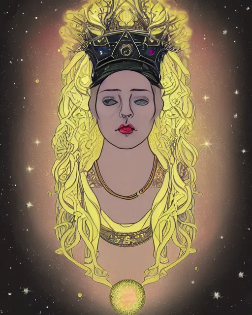 Prompt: a portrait of a galaxy as an androgynous druid spirit wearing five necklaces of moons and stars, wearing a glowing crown of black holes, stylized face, black eyes and black lipstick, draped in transparent cloth, colorful, flat watercolor, occult, ornate, minimal, bust by alphonse mucha, decorative art nouveau border, astrophotography, vast cosmos, digital illustration, trending on artstation