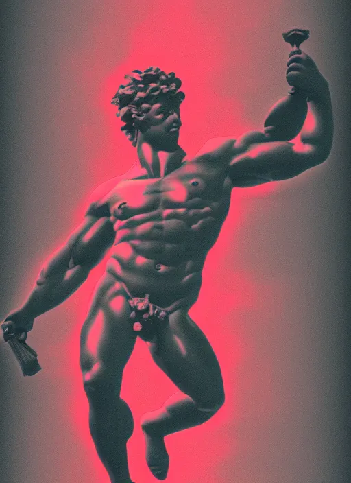 Prompt: black background, statue of hercules, thin red lines, dark, thin lines, neo vaporwave, trending on artstation