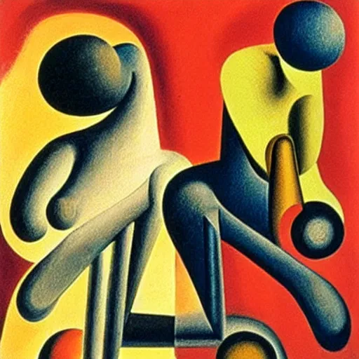 Image similar to Oil painting by Oskar Schlemmer. Two mechanical gods kissing. Dali.