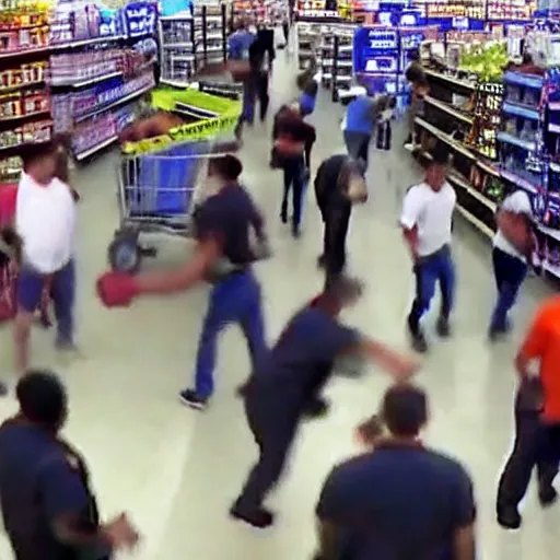 Image similar to cctv footage gang fight in walmart, high angle security camera feed, blurry and glitchy,